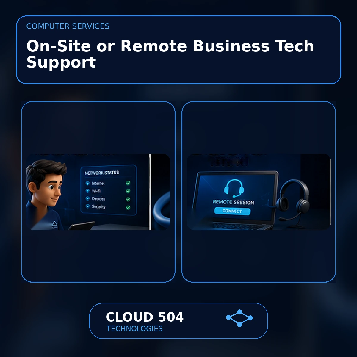 On-Site or Remote Business Tech Support On-Site or Remote Business Tech Support service graphic from Cloud 504 Technologies