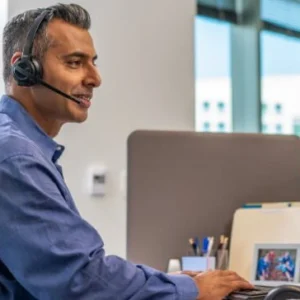 Poly Savi 8210 wireless DECT headset in use